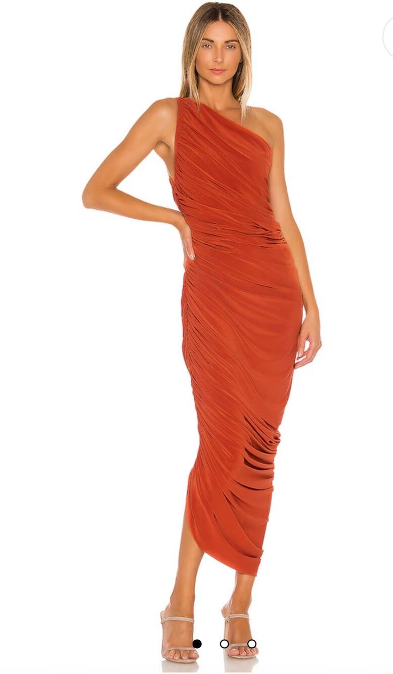 Norma Kamali One-Shoulder Ruched Midi Dress in Rust